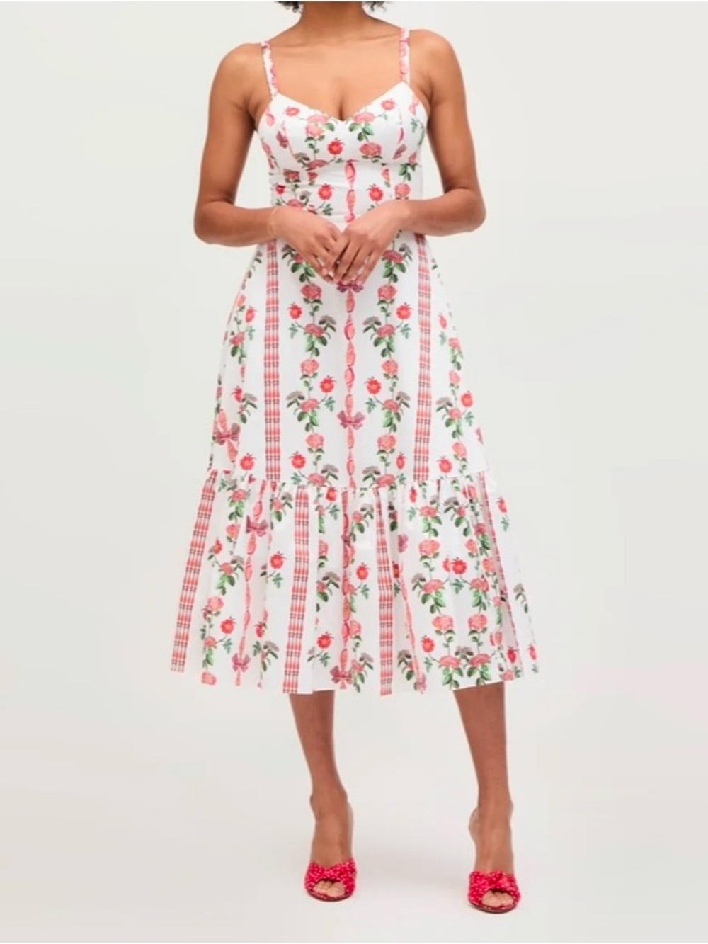 Hill House Pink and Green Floral Striped Midi Dress